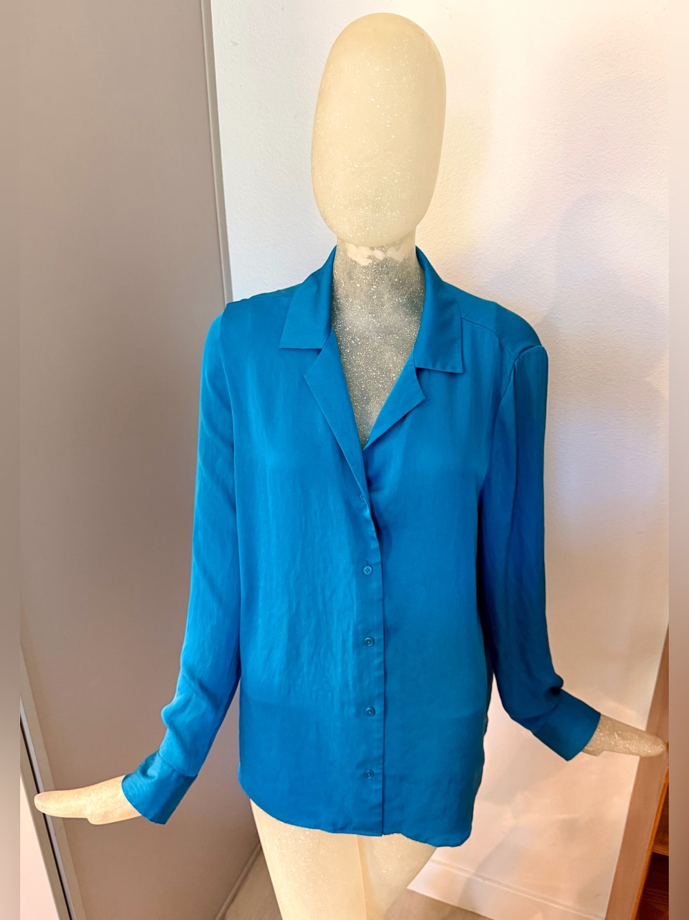 Quince Teal Blue Button-Down Silk Shirt